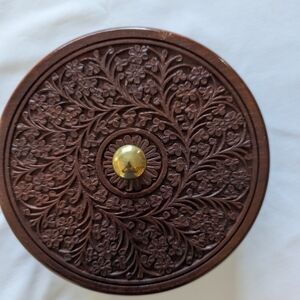 Intricately Hand Carved Wooden Box with Gold Accent